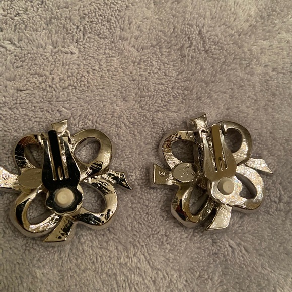 Silver Rhinestone Bow Clip Earrings - Picture 3 of 3